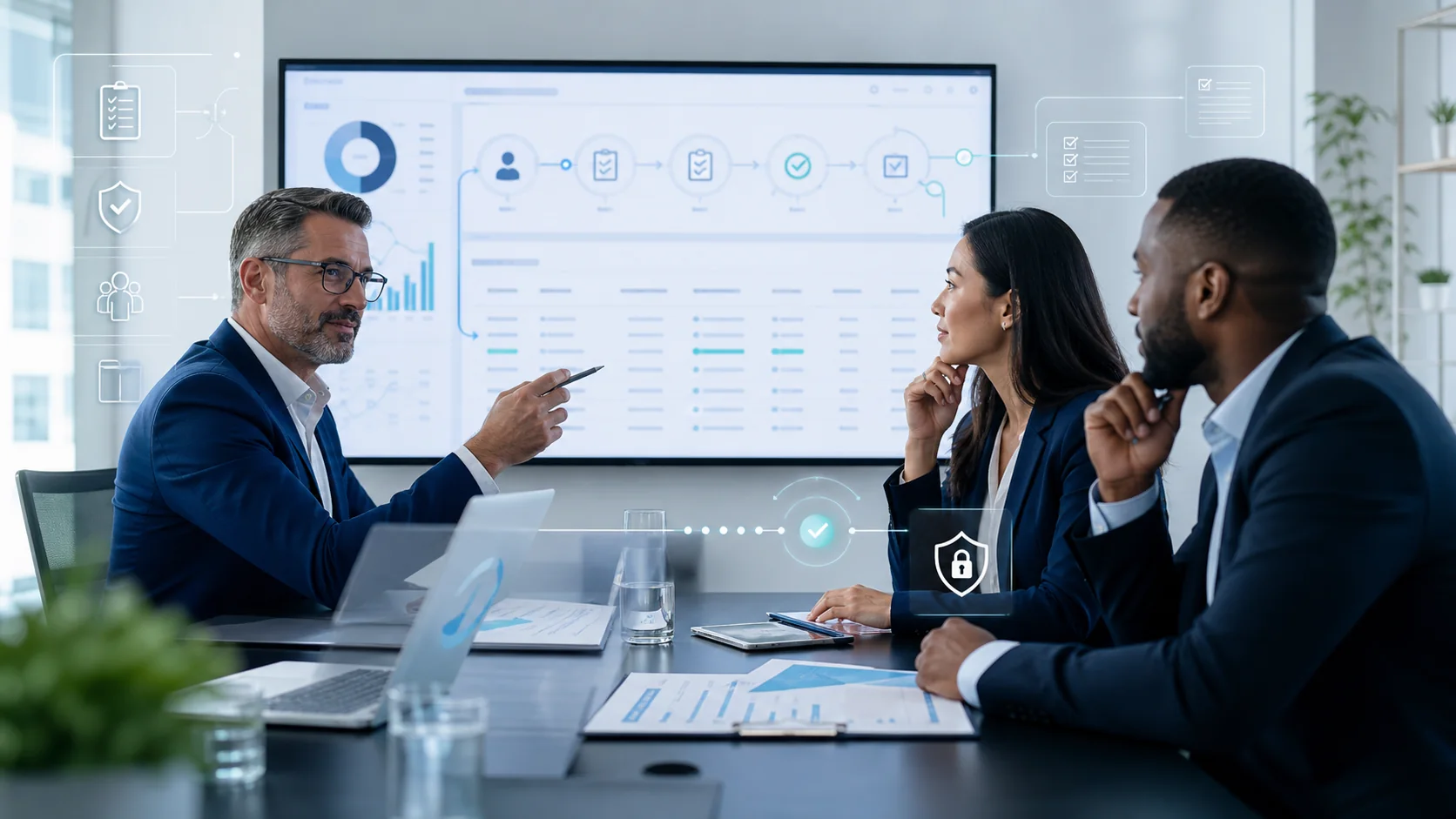 Finance professionals reviewing controlled workflow data