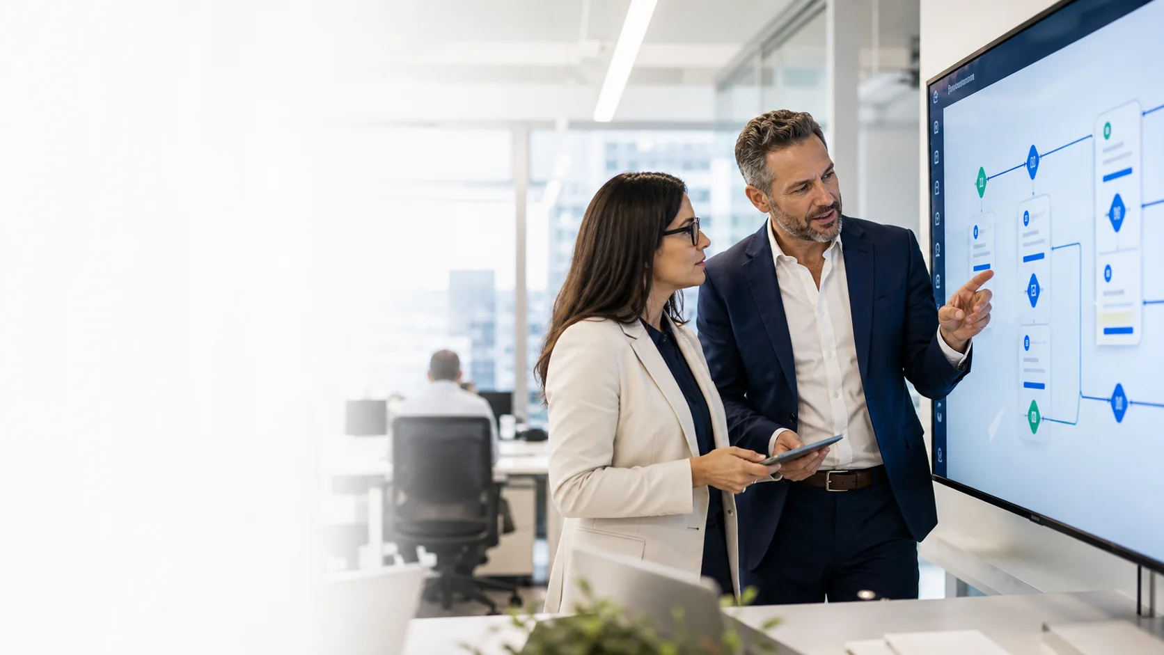 Finance leaders reviewing an automated invoice workflow connected to Microsoft Dynamics 365